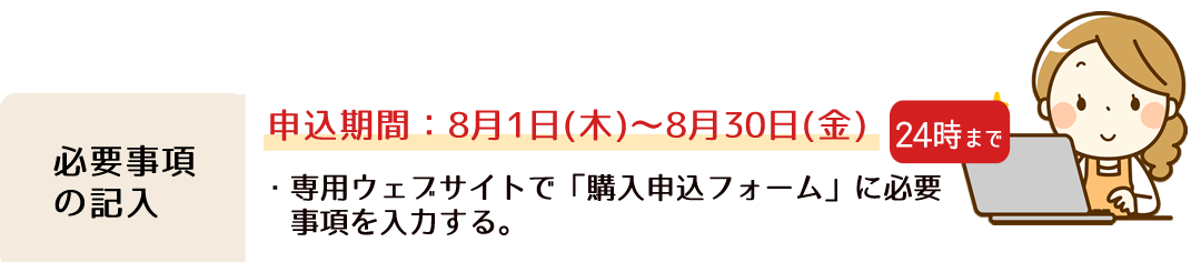 必要事項の記入。申込み期間：8月1日～9月30日【24時まで】専用ウェブサイトで「購入申込みフォーム」に必要事項を入力する。