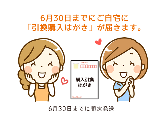 6月30日までにご自宅に「引換購入はがき」が届きます。6月30日までに順次発送。